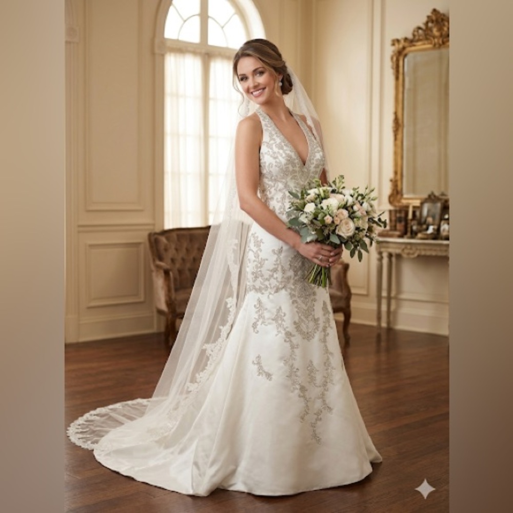 Elegant Ivory Lace-Embellished V-Neck Wedding Gown